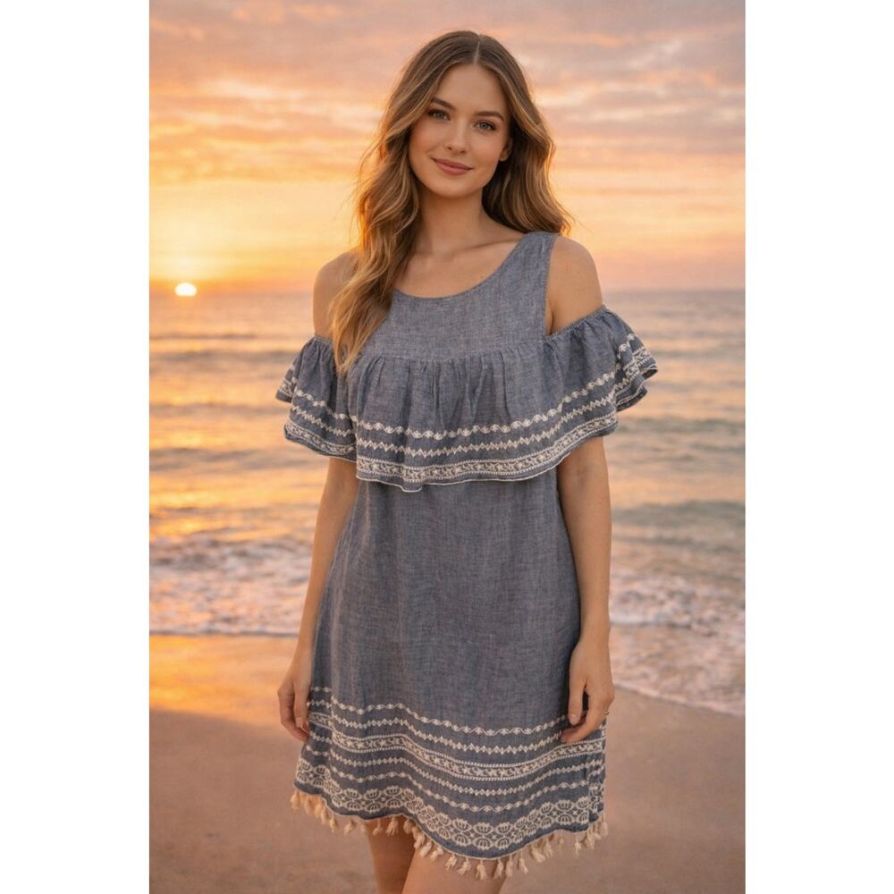 Mi Ami Francesca Blue Cold Shoulder Dress White Fringe Lace‎ Sz L Western Boho